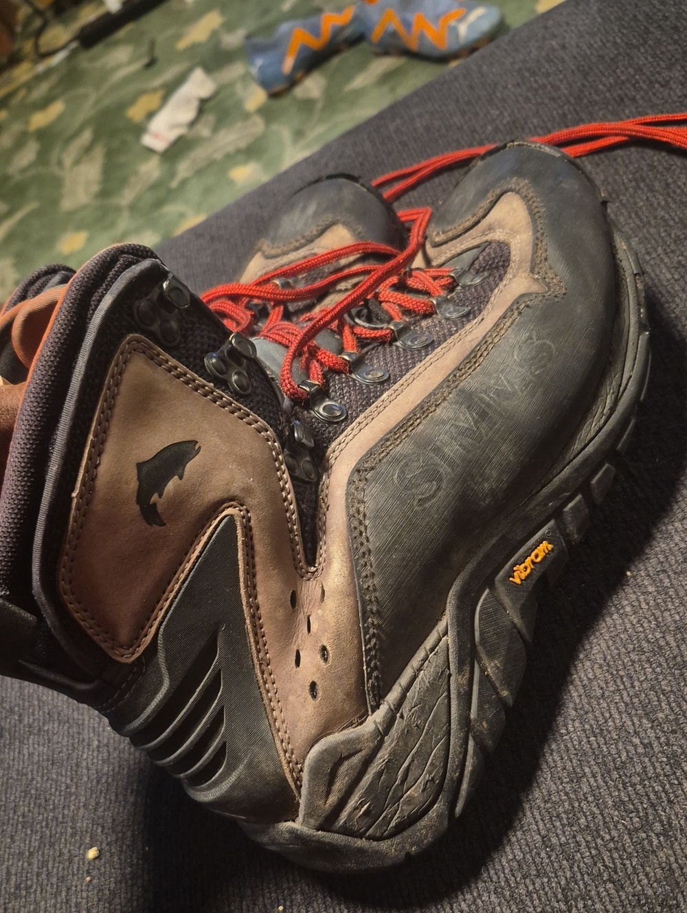 Simms Brown and Black Men's Wading Boots with Red Laces